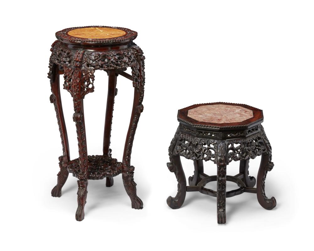 TWO CHINESE CARVED WOOD AND MARBLE