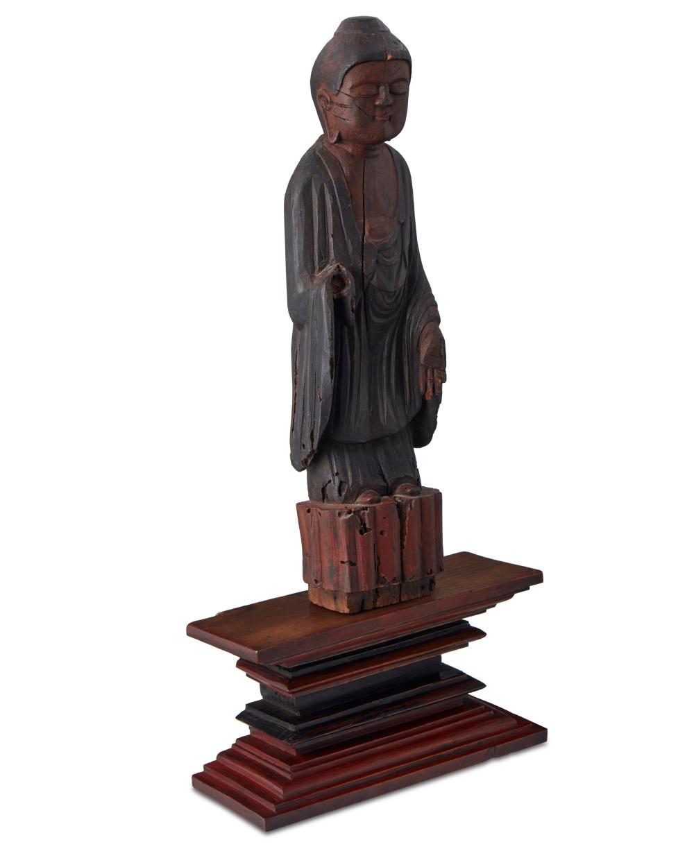 A KOREAN CARVED WOOD BUDDHA STATUEA 30b129