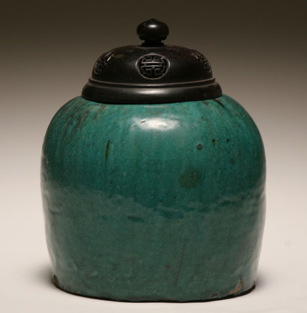 Chinese glazed ceramic lidded jar; heavy