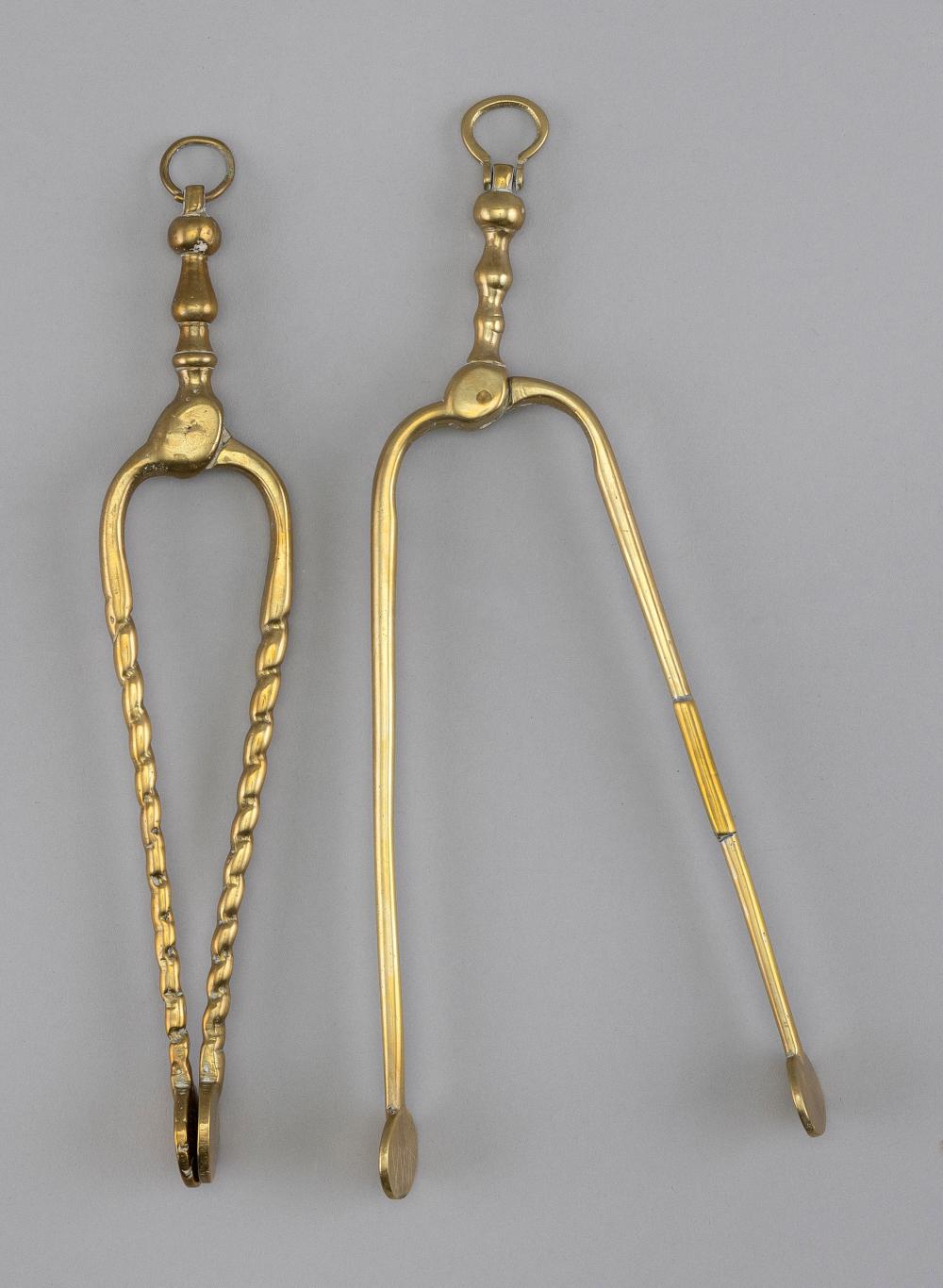 TWO PAIRS OF BRASS PIPE TONGS 18TH