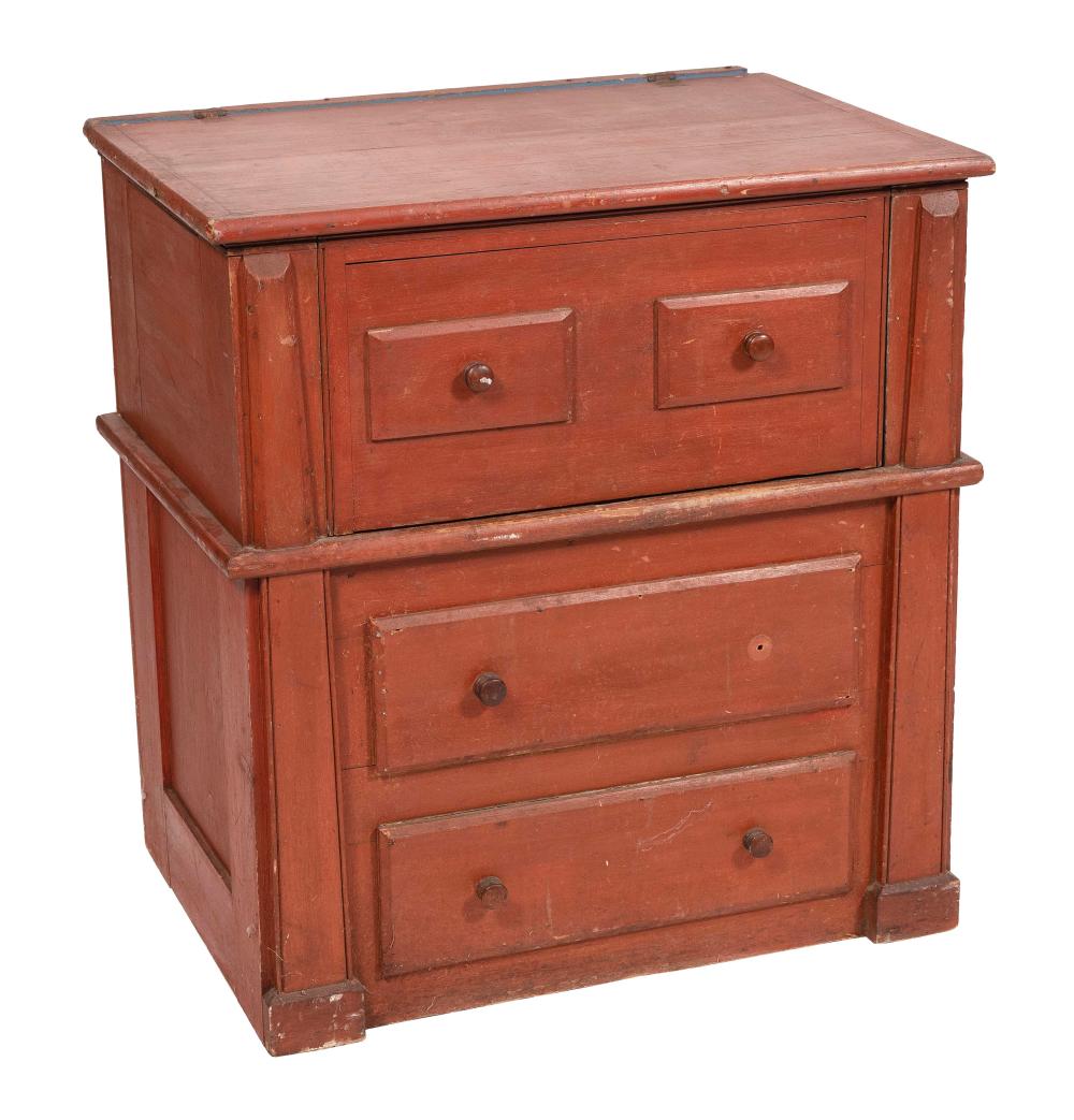 RED-WASHED HARDWOOD COMMODE CIRCA