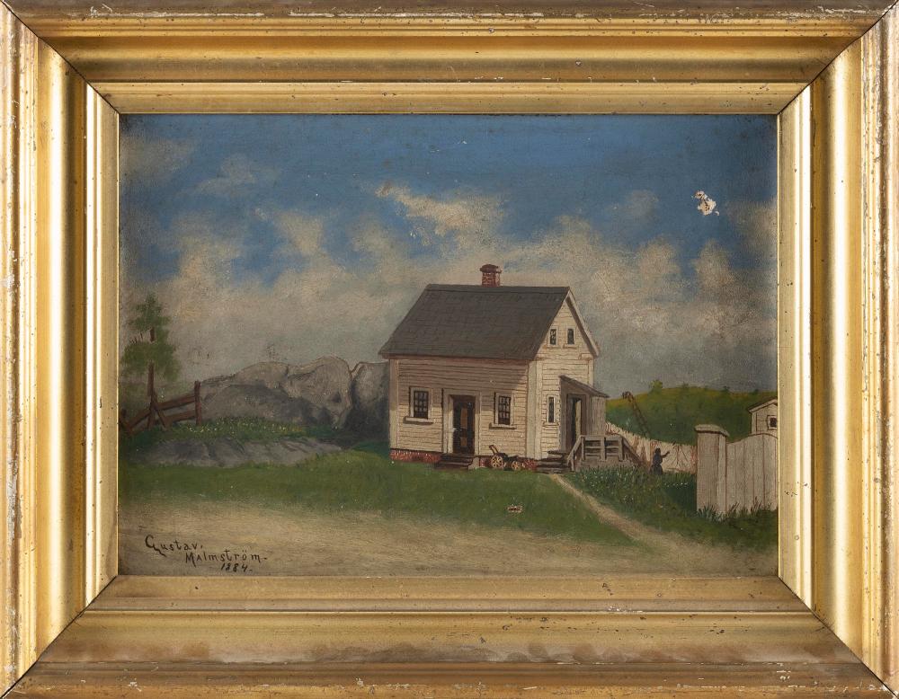 FOLK ART PAINTING OF A COTTAGE DATED