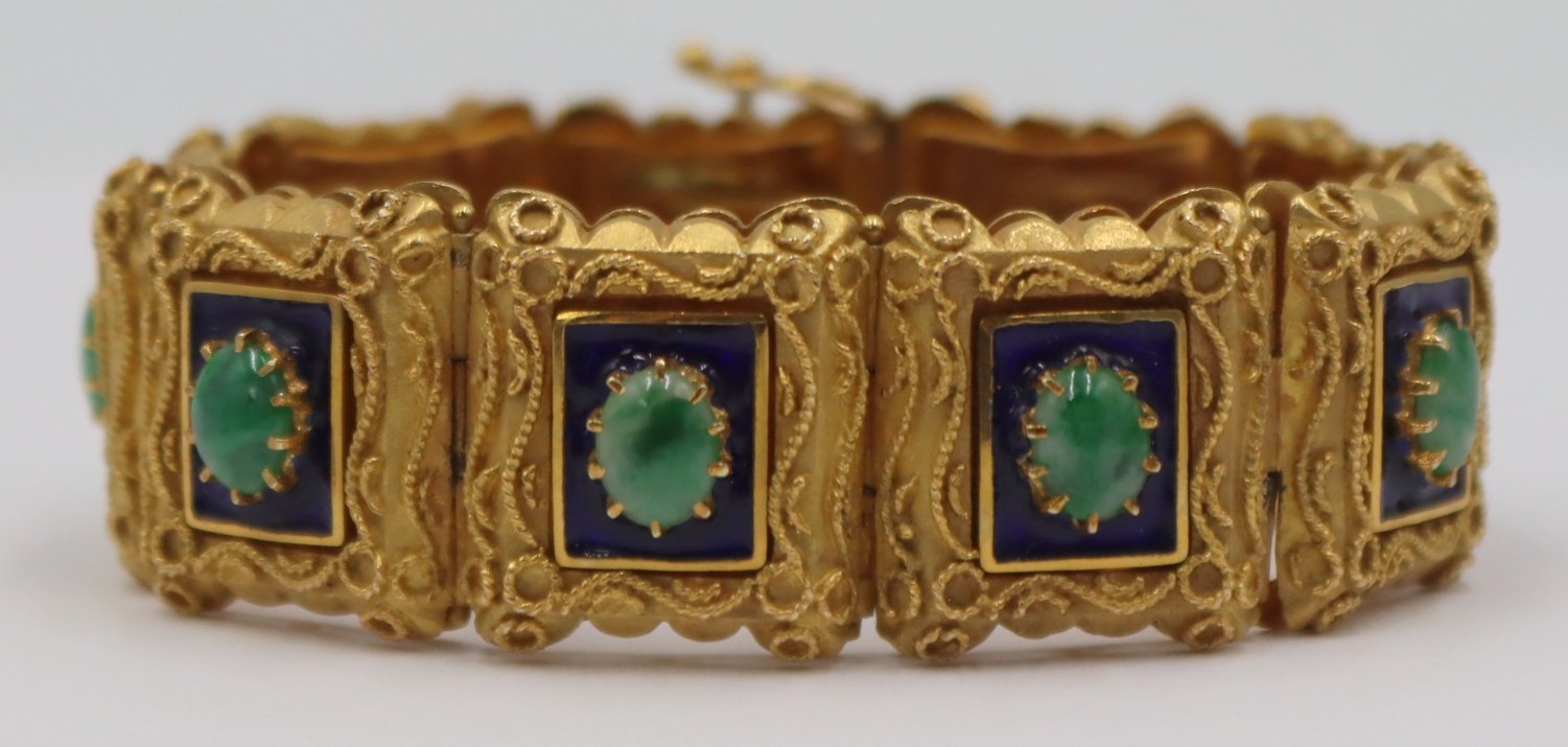 JEWELRY. 14KT GOLD, ENAMEL AND JADE