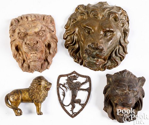 FIVE METAL AND PRESSBOARD LION