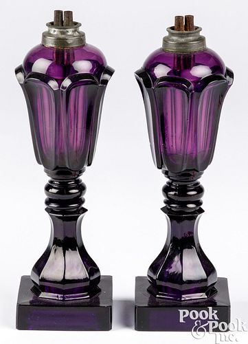 PAIR OF AMETHYST GLASS OIL LAMPS,