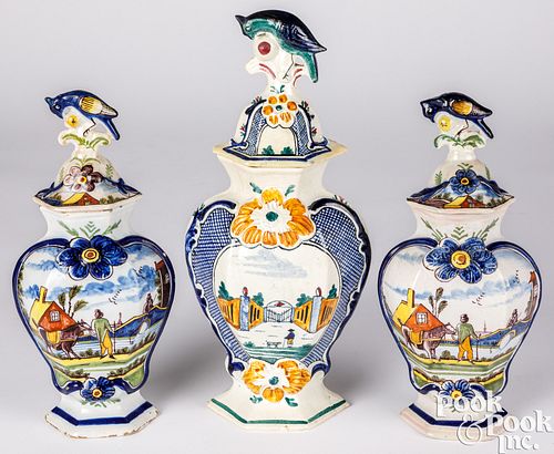 THREE DELFTWARE GARNITURES, 19TH