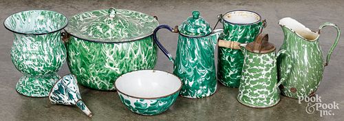 EIGHT PIECES OF GREEN GRANITEWARE,