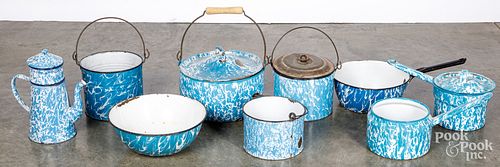 NINE PIECES OF BLUE GRANITEWARE,