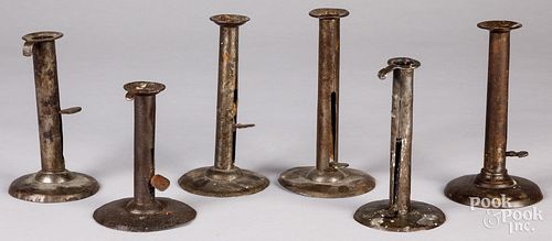 SIX TIN HOG SCRAPER CANDLESTICKS,