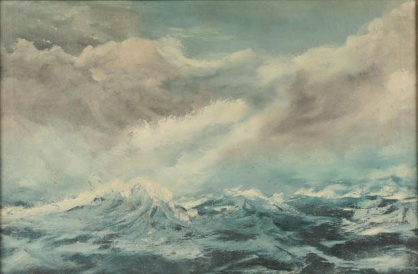 Stormy seascape with crashing waves;