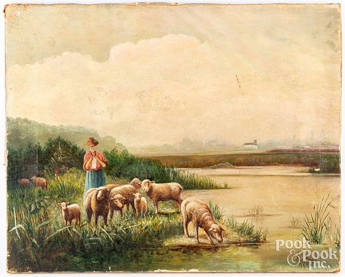 OIL ON CANVAS LANDSCAPE WITH SHEEP