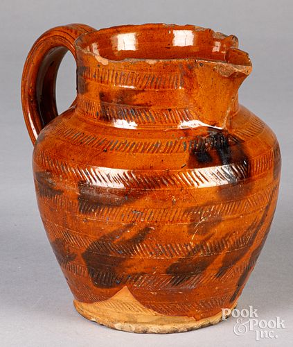 UNUSUAL REDWARE PITCHER, 19TH C.Unusual