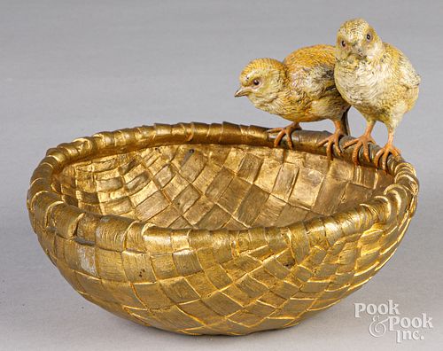 COLD PAINTED BRONZE CHICKS AND BASKETCold