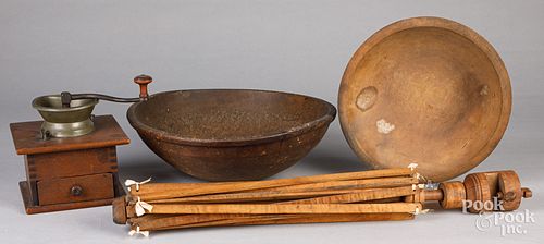 TWO TURNED WOOD BOWLS, A SWIFT,