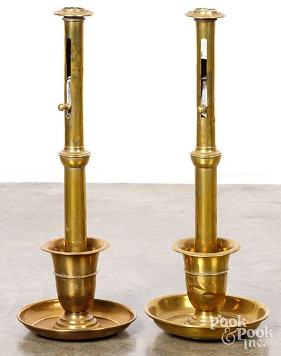 PAIR OF LARGE BRASS PUSH-UP CANDLESTICKS,