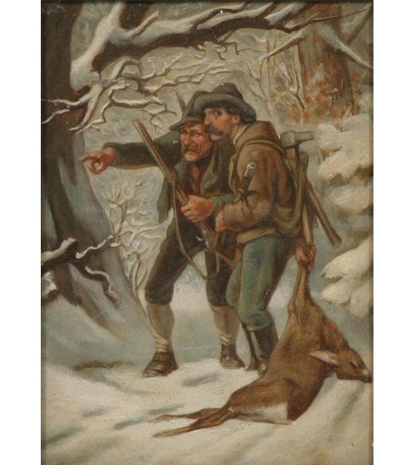 Bavarian deer hunters; oil on panel;