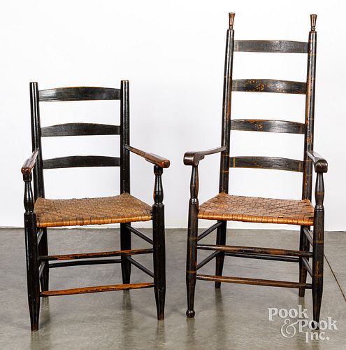 TWO PAINTED LADDERBACK CHAIRS,