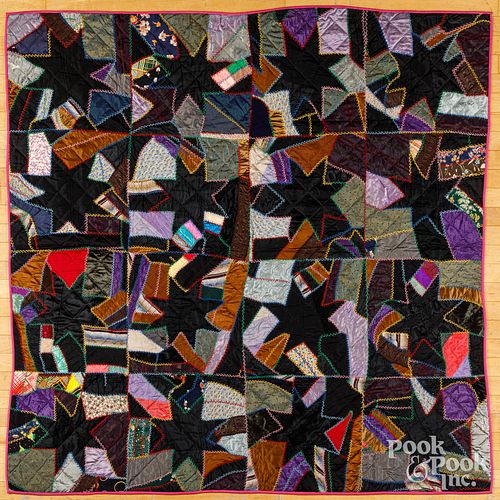 SILK CRAZY QUILT, EARLY 20TH C.Silk