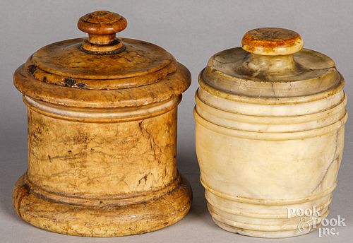 TWO MARBLE COVERED JARS, 19TH C.Two