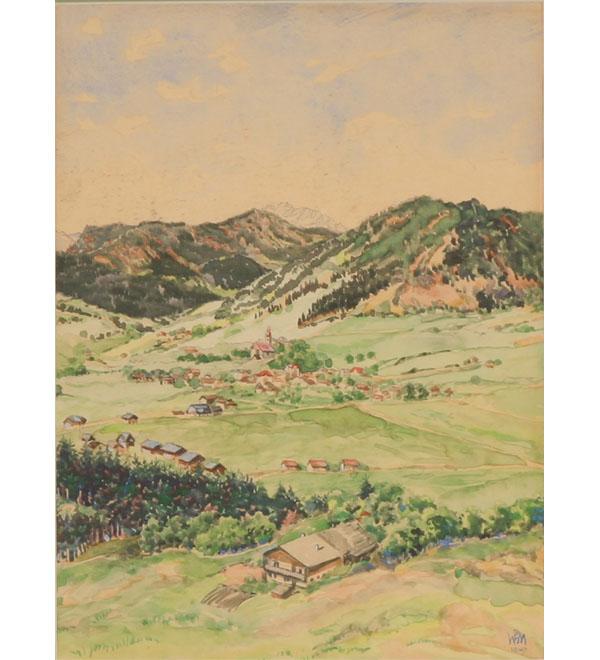 Bavarian mountain landscape; watercolor;