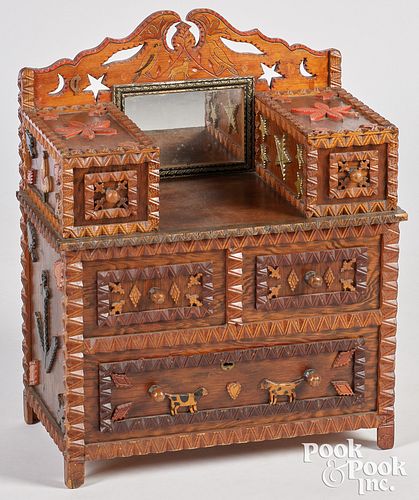 MINIATURE TRAMP ART DRESSER, DATED