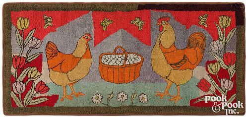 AMERICAN HOOKED RUG WITH CHICKENS,