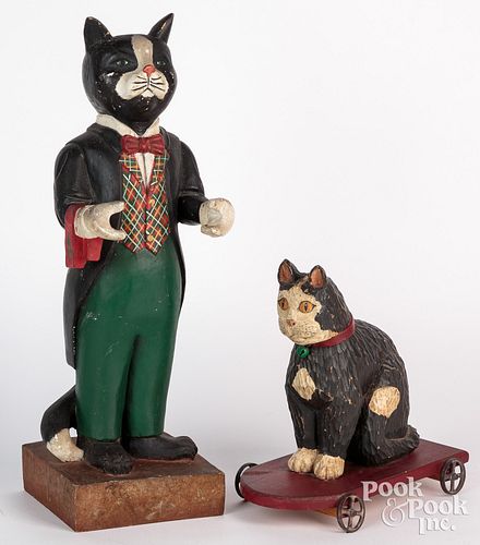 TWO CARVED AND PAINTED CATS, TO