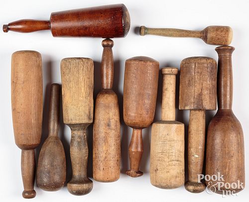 TEN WOODEN PESTLES AND MASHERS,