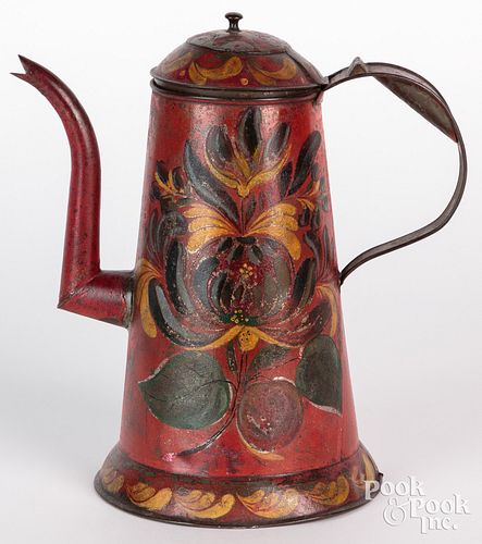 RED TOLEWARE COFFEE POT, 19TH C.,