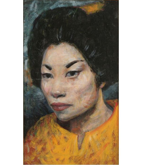 Pair Asian female portraits; oil