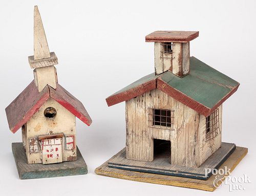 TWO PAINTED FOLK ART BIRD HOUSES  30efb9