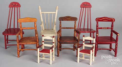 EIGHT PAINTED DOLL CHAIRS, EARLY