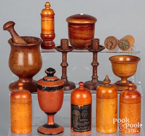 GROUP OF TURNED CANISTERS AND TREENWARE,