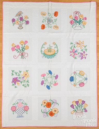 EMBROIDERED FLORAL QUILT, MID 20TH