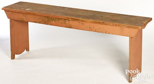 TALL PAINTED PINE BENCH, 19TH C.Tall