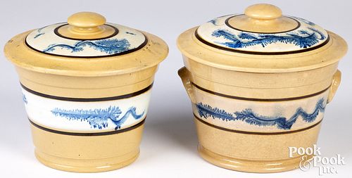 TWO YELLOWWARE LIDDED CANISTERSTwo