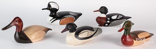 FIVE CARVED AND PAINTED MERGANSER