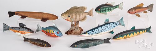 NINE CARVED AND PAINTED FISH DECOYS  30f0cf