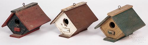 THREE SMALL PAINTED BIRD HOUSES,