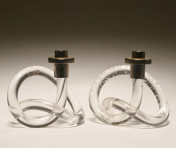 Two Dorothy Thorpe lucite candlesticks;