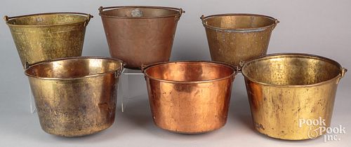 SIX BRASS AND COPPER PAILS, 19TH