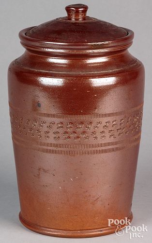 STONEWARE COVERED JAR, 19TH C.Stoneware