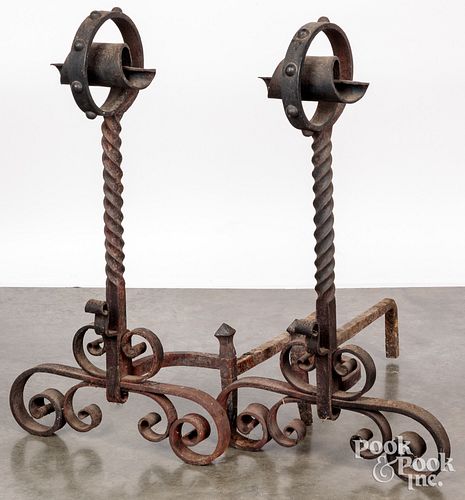 PAIR OF WROUGHT IRON ANDIRONS,