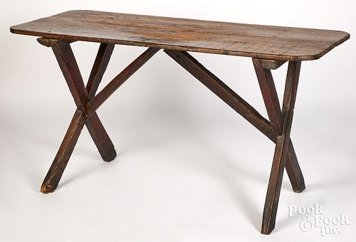 PAINTED OAK AND WALNUT SAWBUCK TABLE,