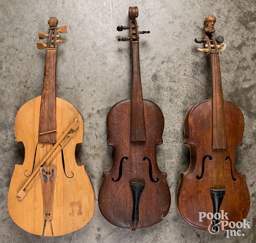 THREE HOMEMADE FOLK ART VIOLINS,