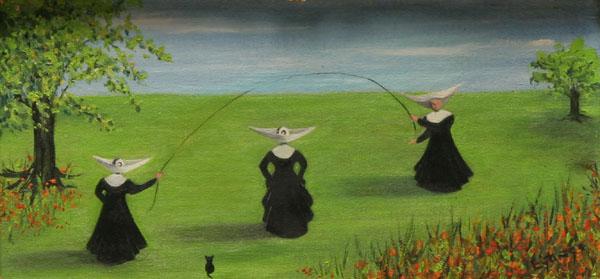 Nuns jumping rope; oil on canvas covered