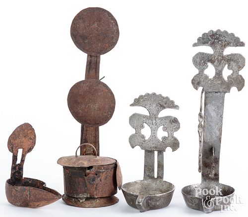 IRON AND TIN FAT LAMPS, 19TH C.Iron