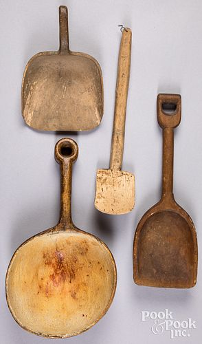 FOUR WOODEN SCOOPS, LADLES, AND SPOON,