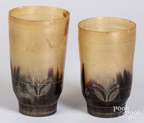 TWO ETCHED HORN CUPS CA 1900Two 30f46d