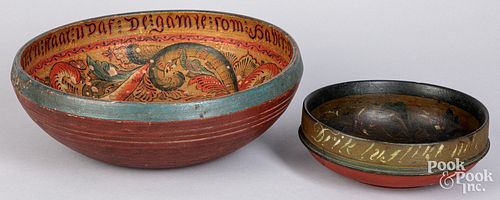 TWO SCANDINAVIAN PAINTED ALE BOWLS,